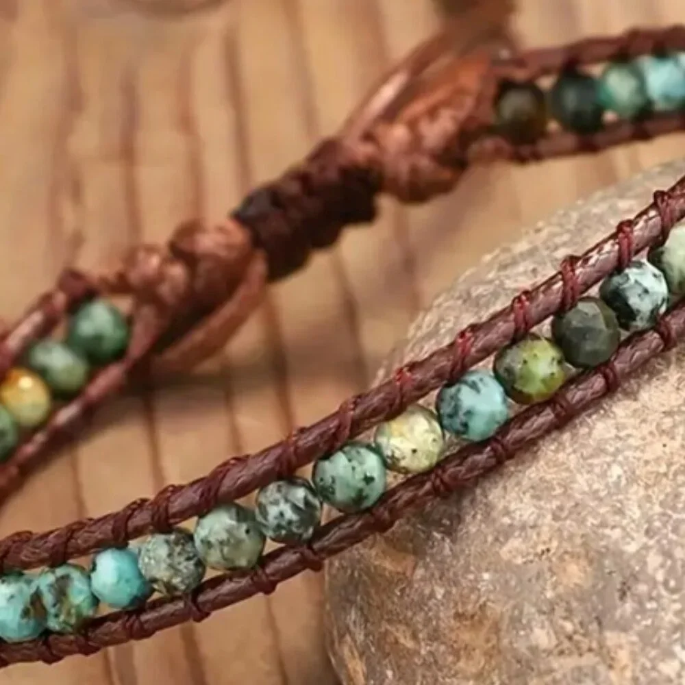 Natural African Turquoise Bead Adjustable Wax Cord Anklet or Bracelet